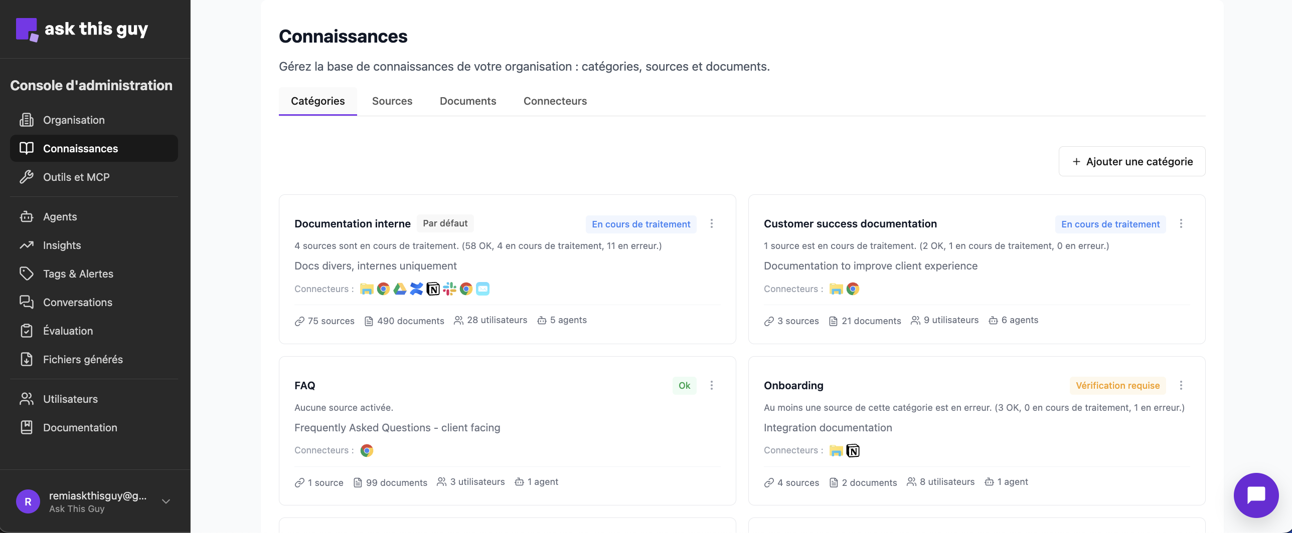 Console d'administration Ask This Guy - Interface de gestion des connaissances