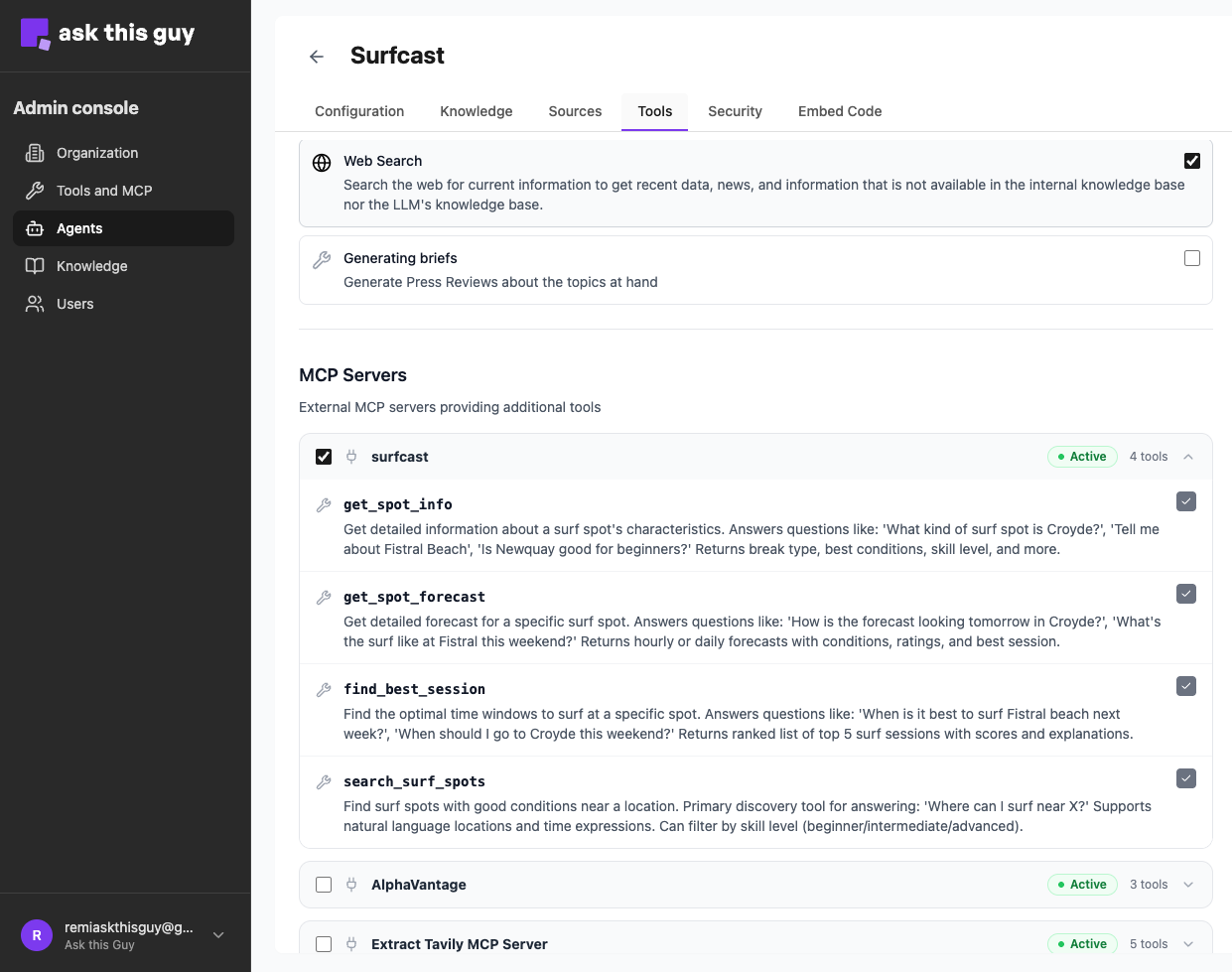 Configuration et sélection des outils MCP dans l'interface d'administration