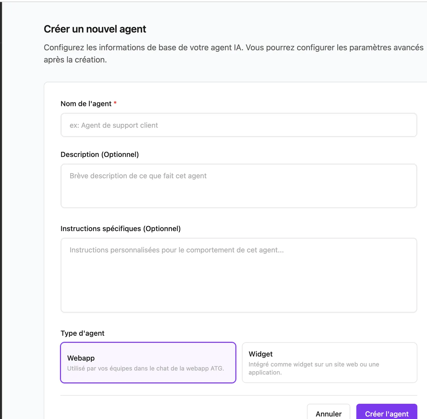 Création d'un agent ATG et choix entre Webapp et Widget