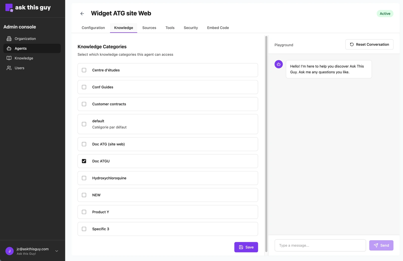 Knowledge tab in Agents Admin Console