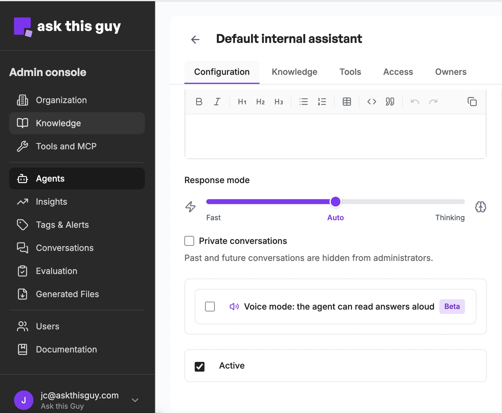Private conversations option in an agent's Configuration tab, under the response mode and above voice mode