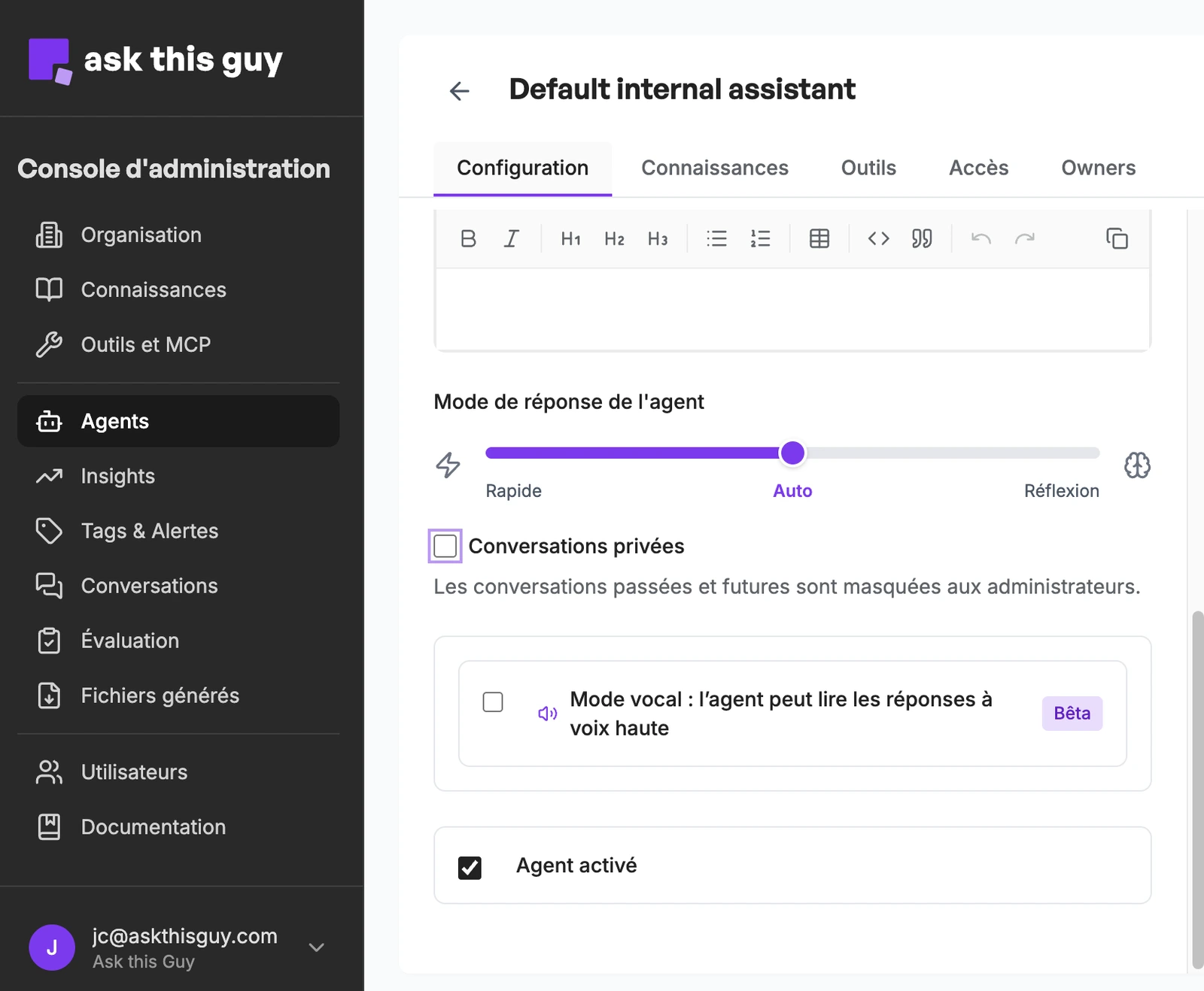 Option Conversations privées dans l'onglet Configuration d'un agent, sous le mode de réponse et au-dessus du mode vocal