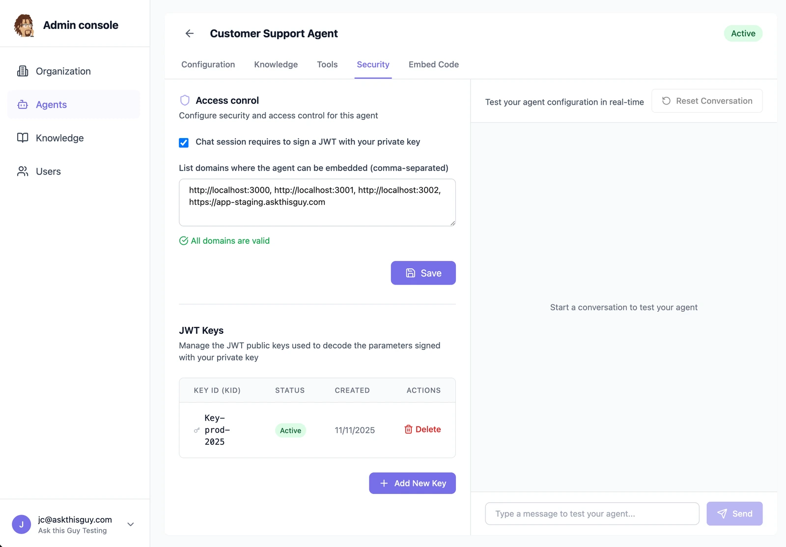 Security tab in Agents Admin Console