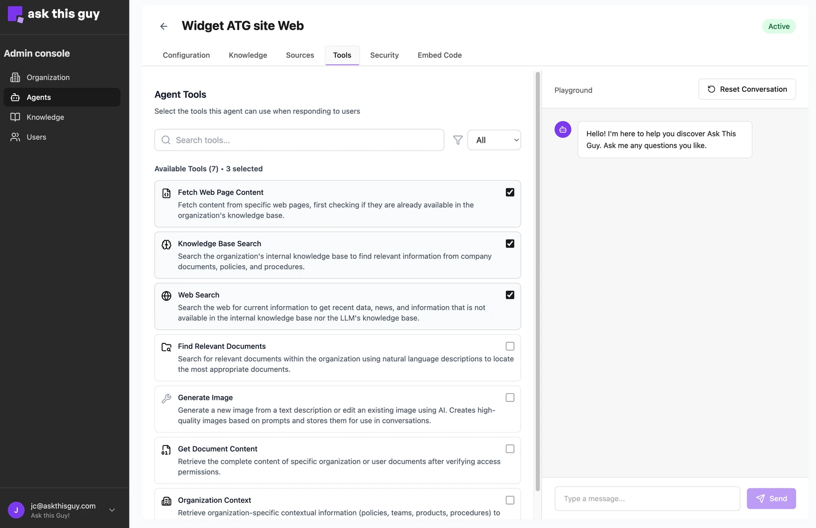 Tools tab in Agents Admin Console