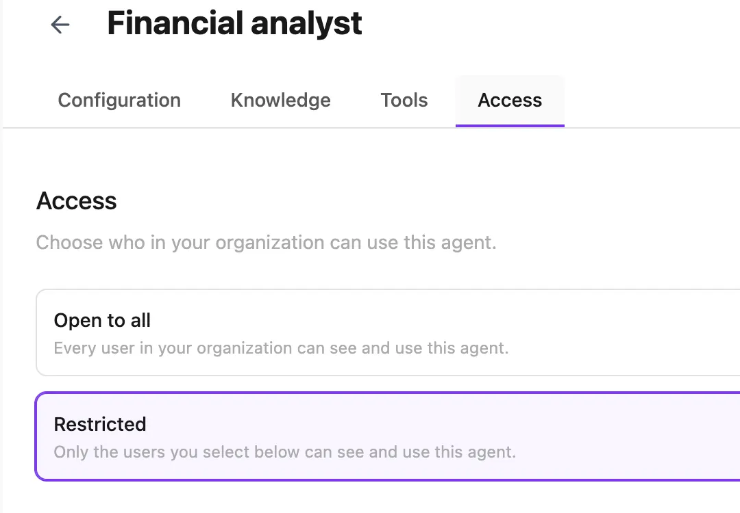 Access tab for a Webapp agent with open and restricted modes