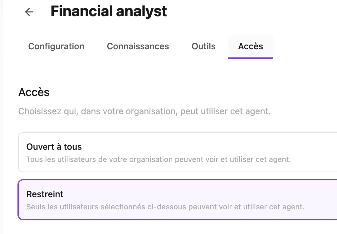 Onglet Accès d'un agent Webapp avec les modes ouvert et restreint