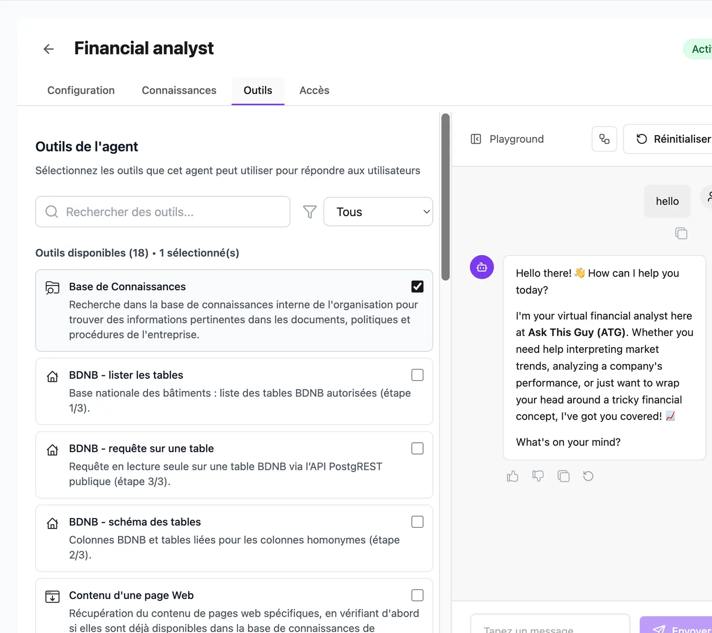 Outils activés pour un agent Webapp dans la console d'administration