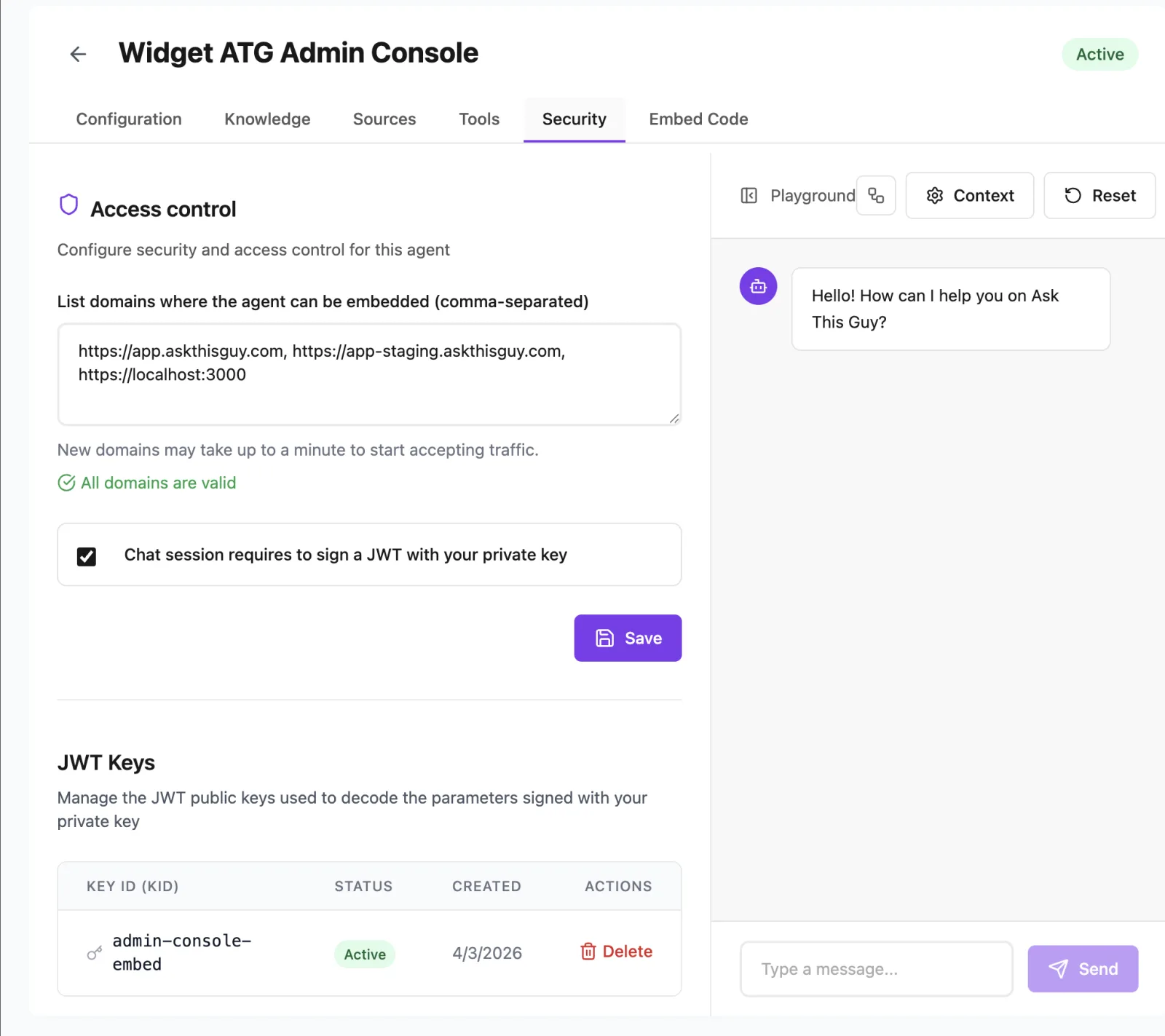Modern Security tab with allowed domains and JWT keys for a Widget agent