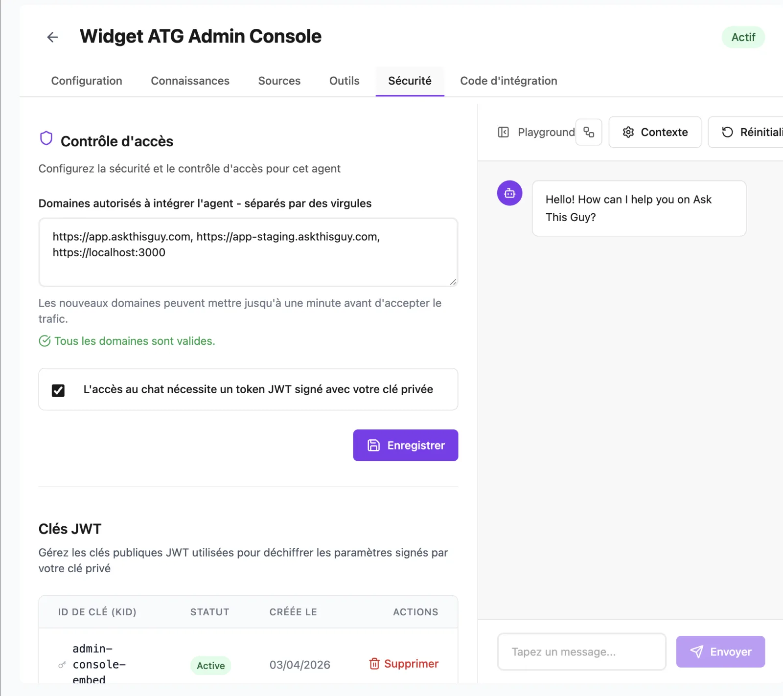 Onglet Sécurité moderne avec les domaines autorisés et les clés JWT d'un agent Widget