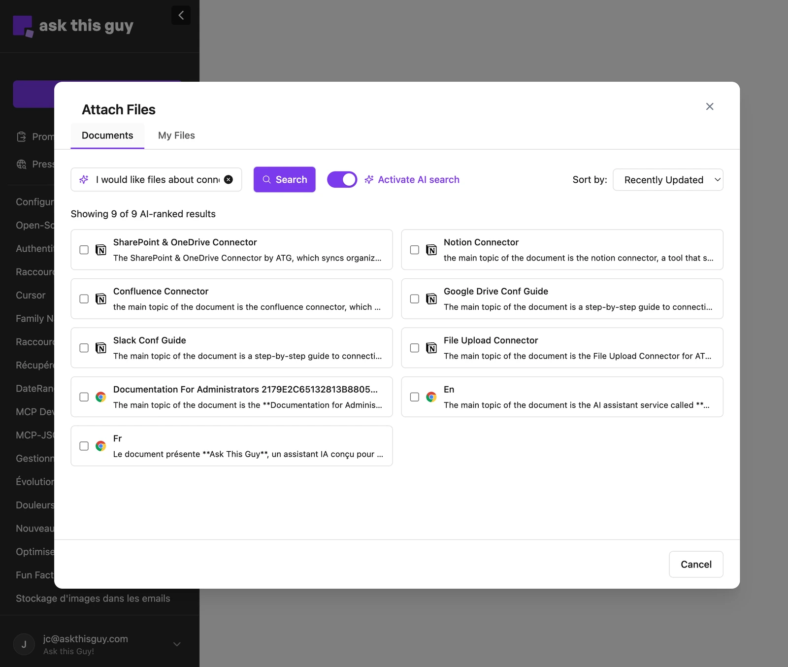 Attach Files dialog with AI search results