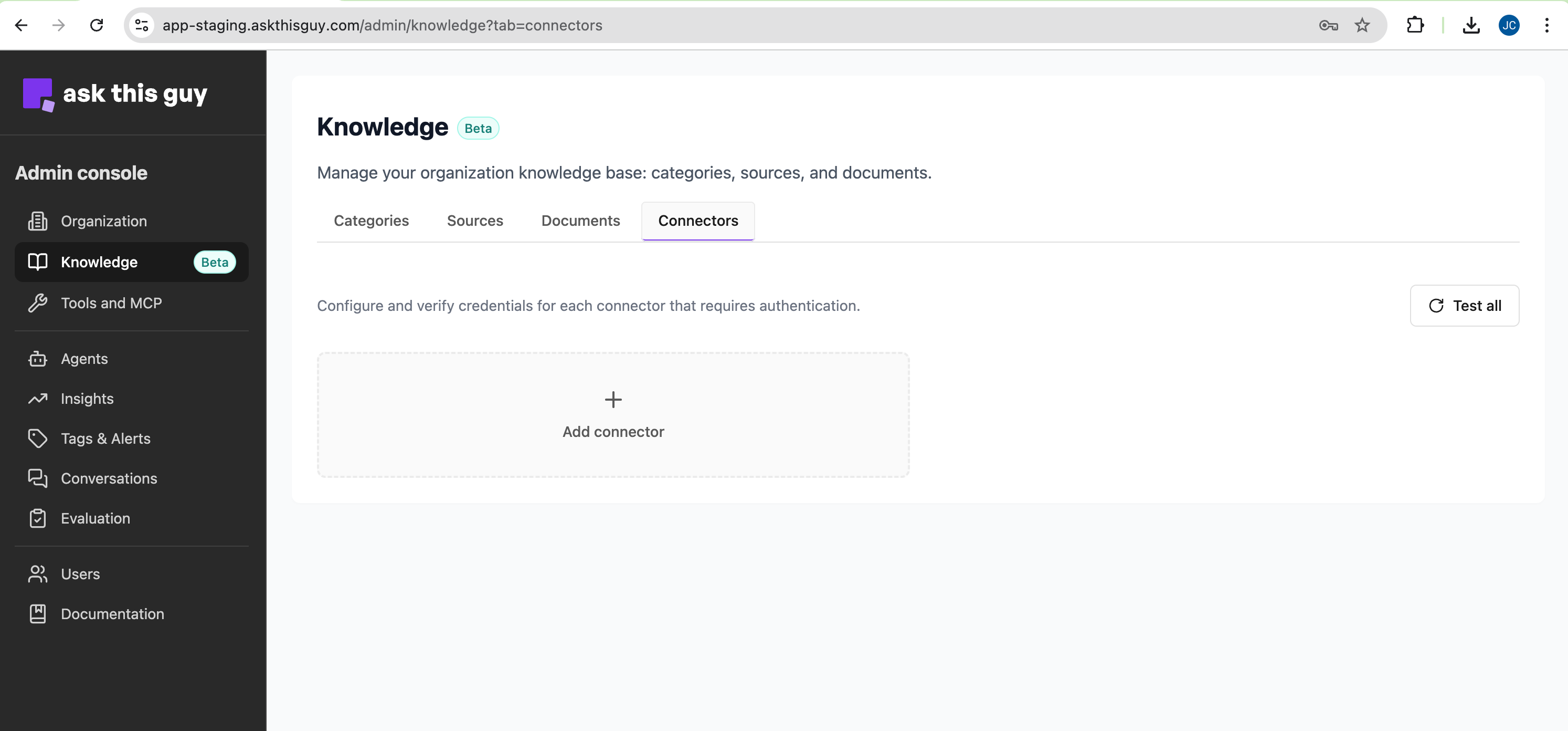 Connectors menu in Admin Console