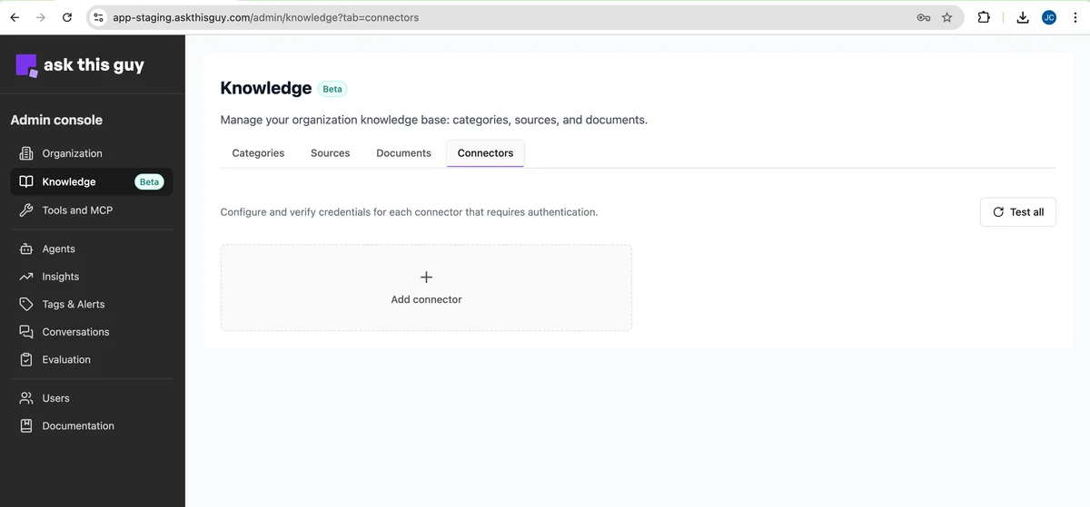 Menu Connecteurs dans la console d'administration