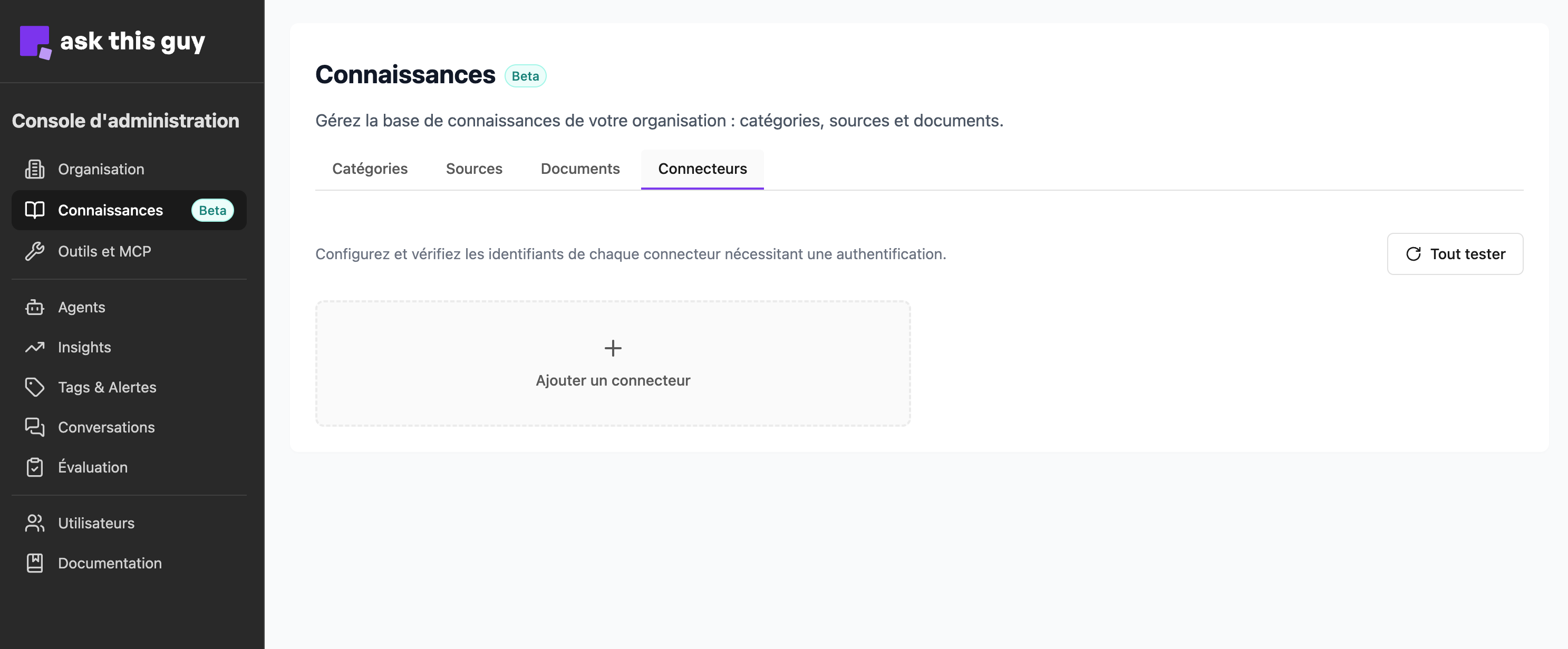 Menu Connecteurs dans la console d’administration