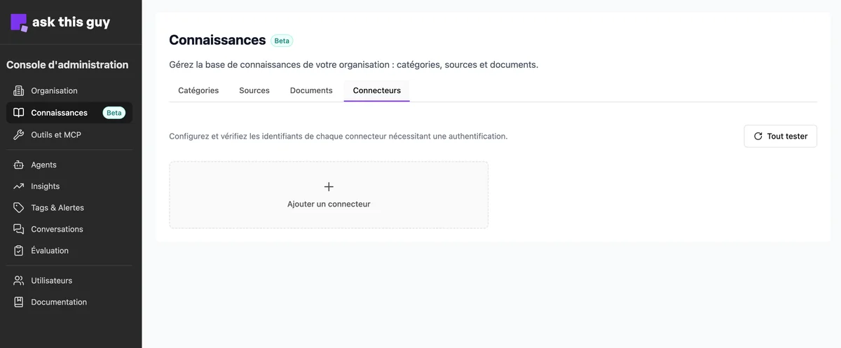 Menu Connecteurs dans la console d’administration