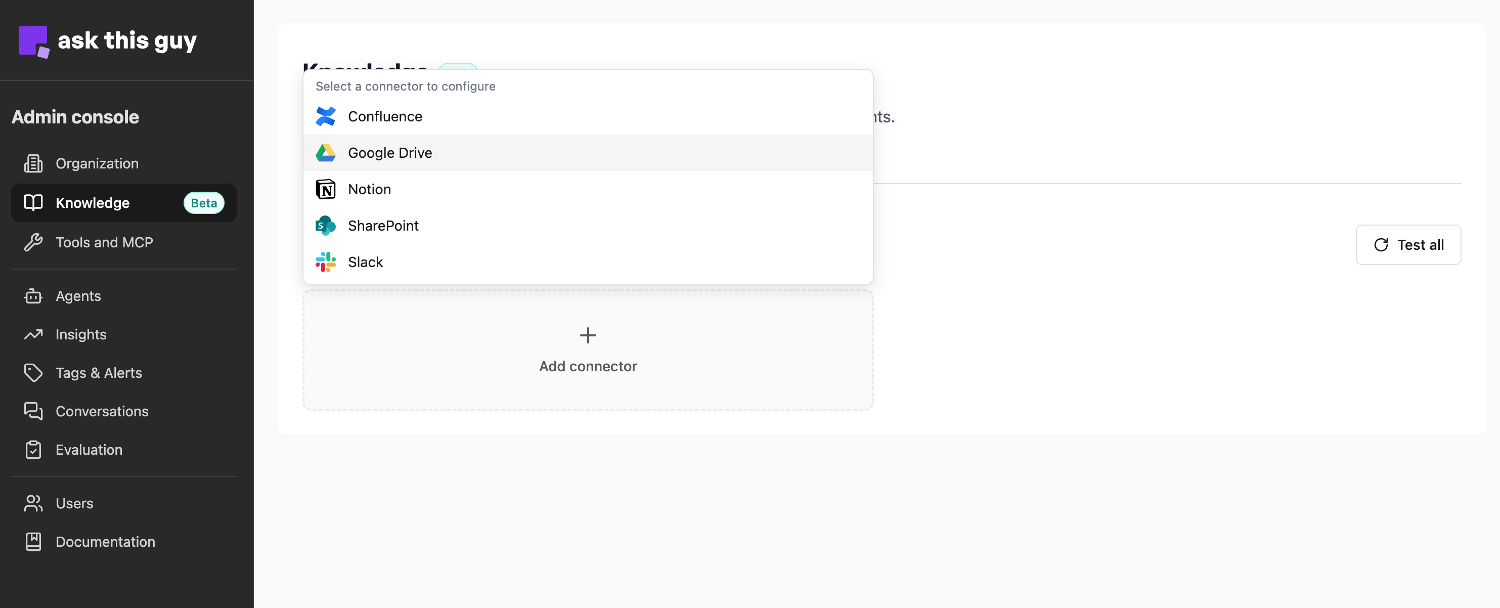 Add a connector, select Google Drive