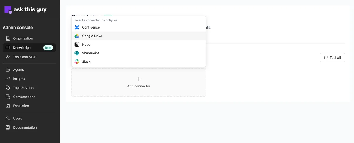 Add a connector, select Google Drive