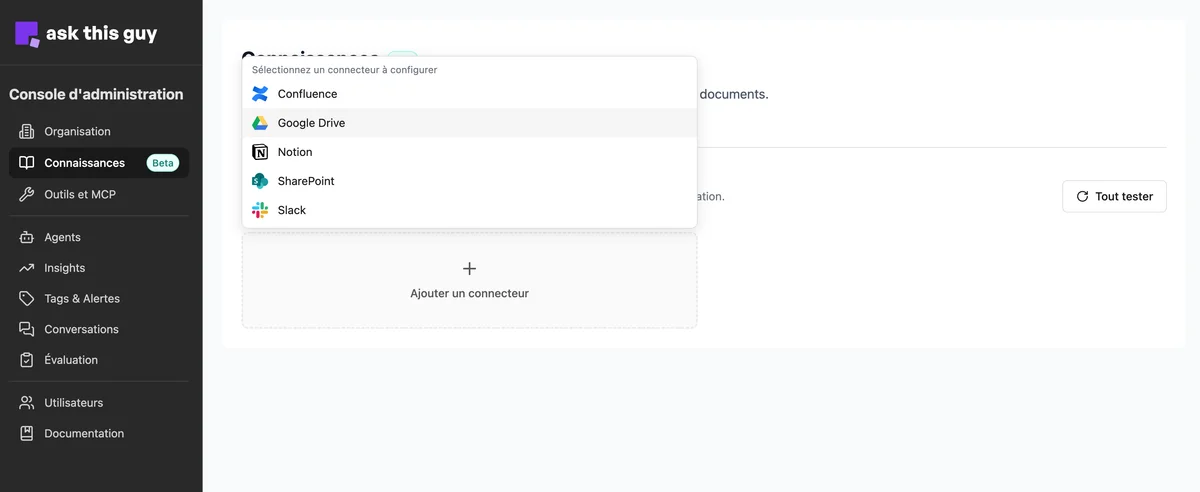 Ajouter un connecteur, sélectionner Google Drive