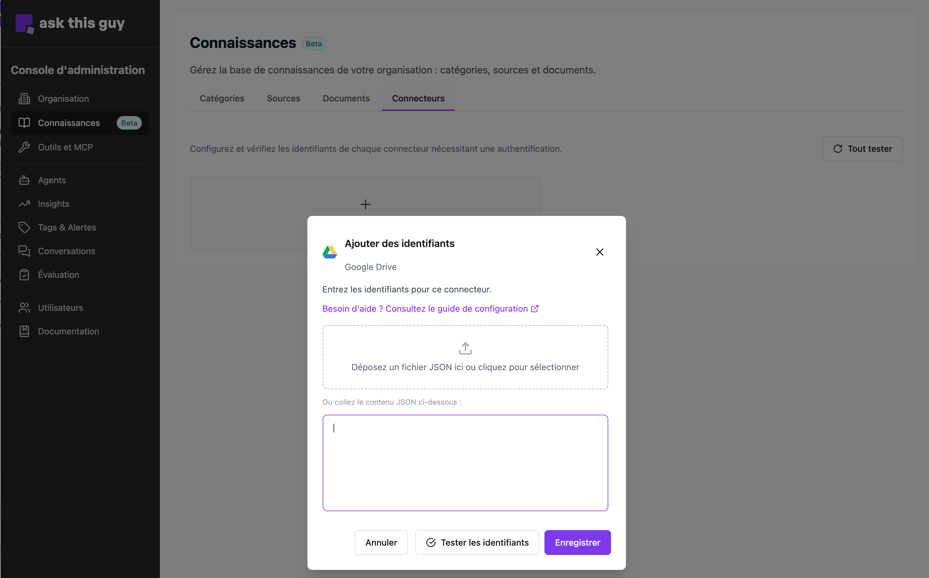 Téléversement du fichier d’identifiants