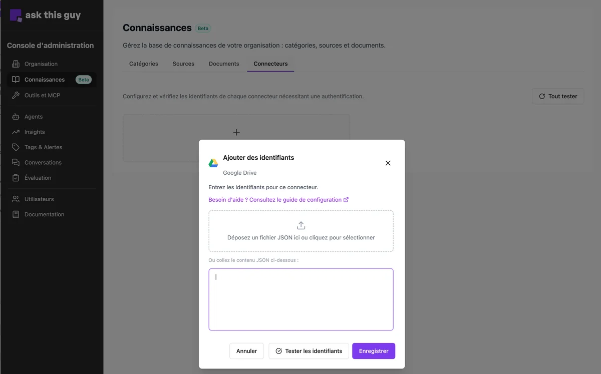 Téléversement du fichier d’identifiants