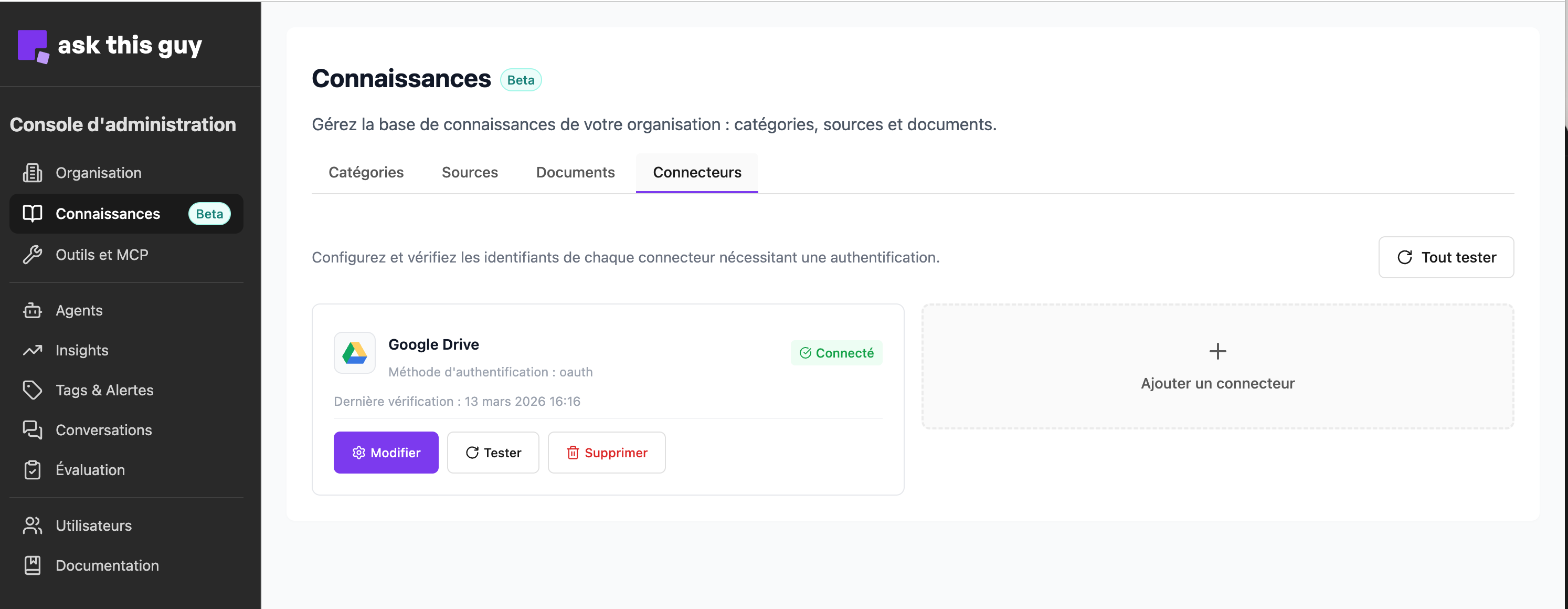 Vue du statut des connecteurs dans la console d’administration