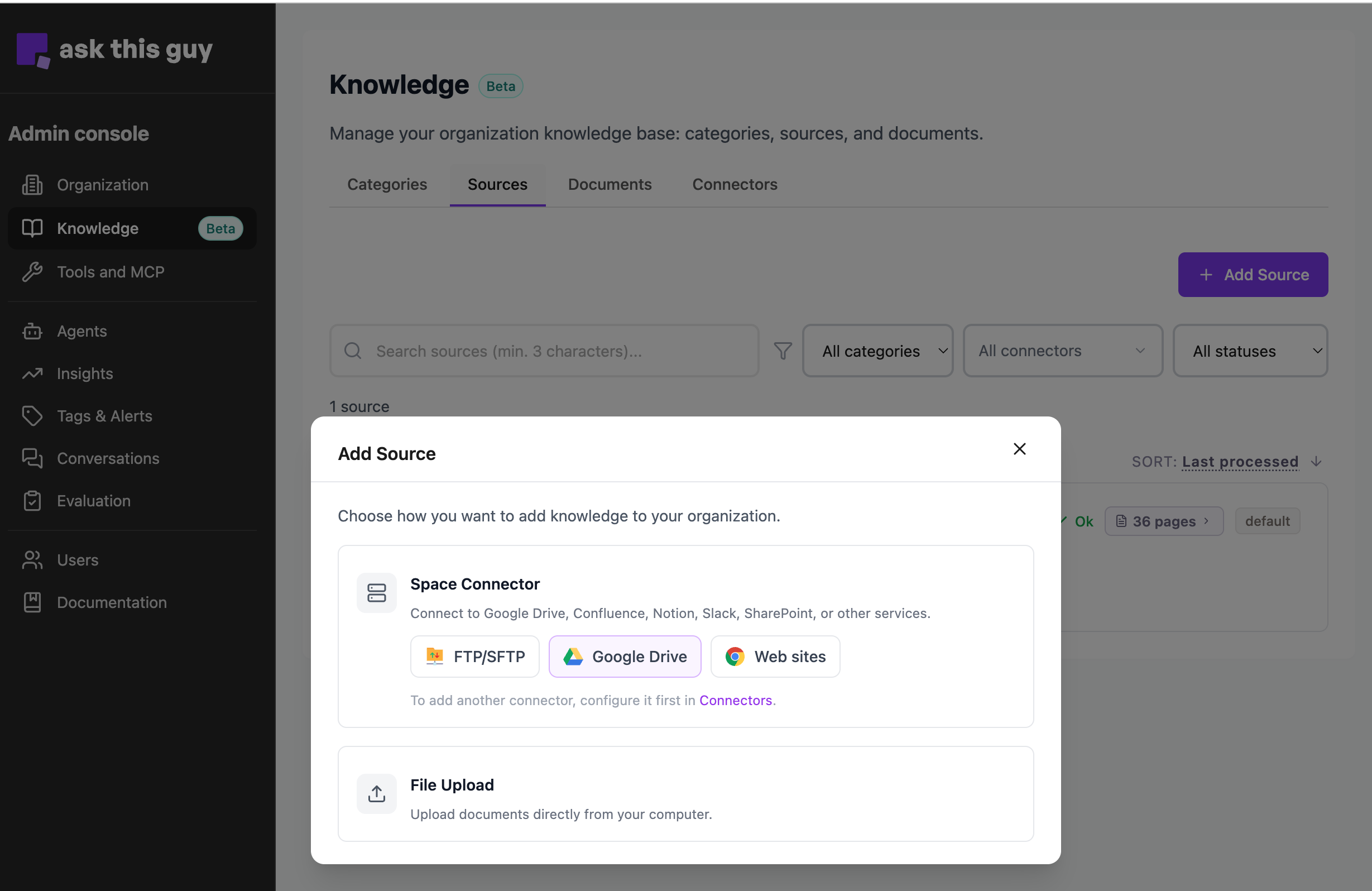 Source add menu in Admin Console