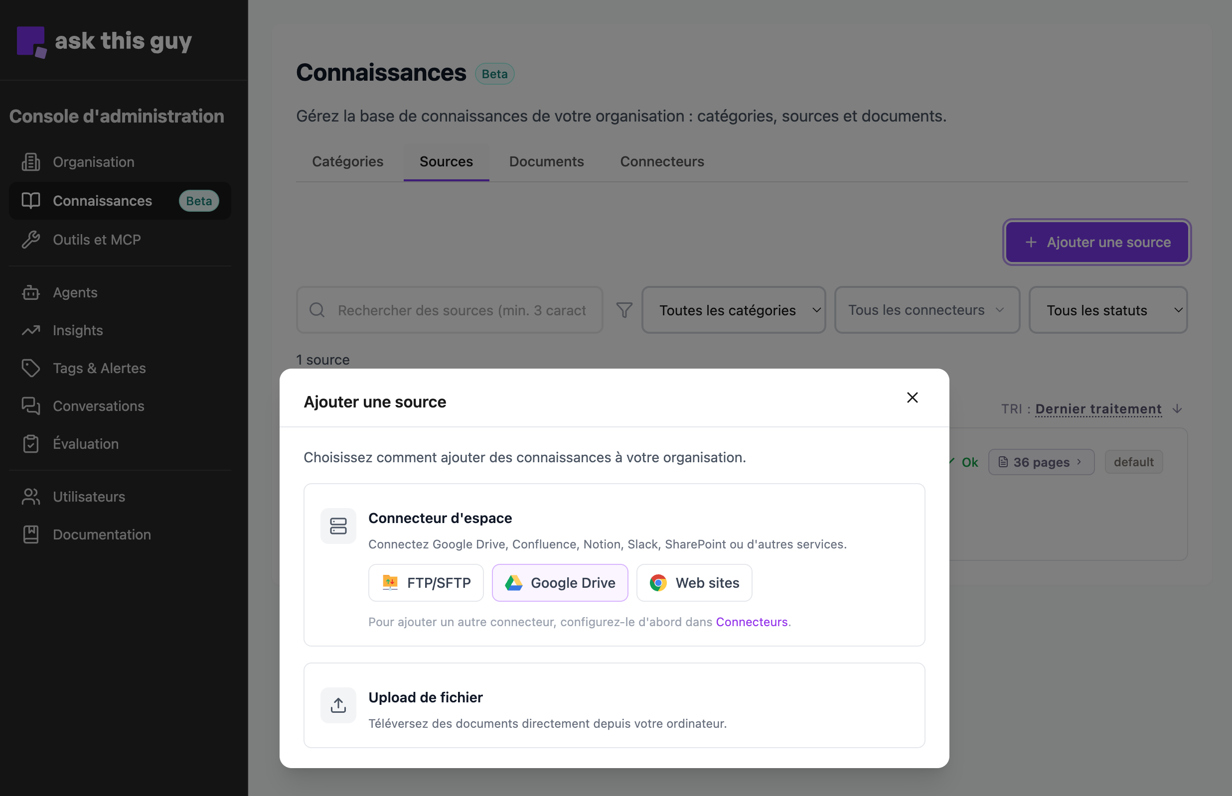 Menu d’ajout de source dans la console d’administration
