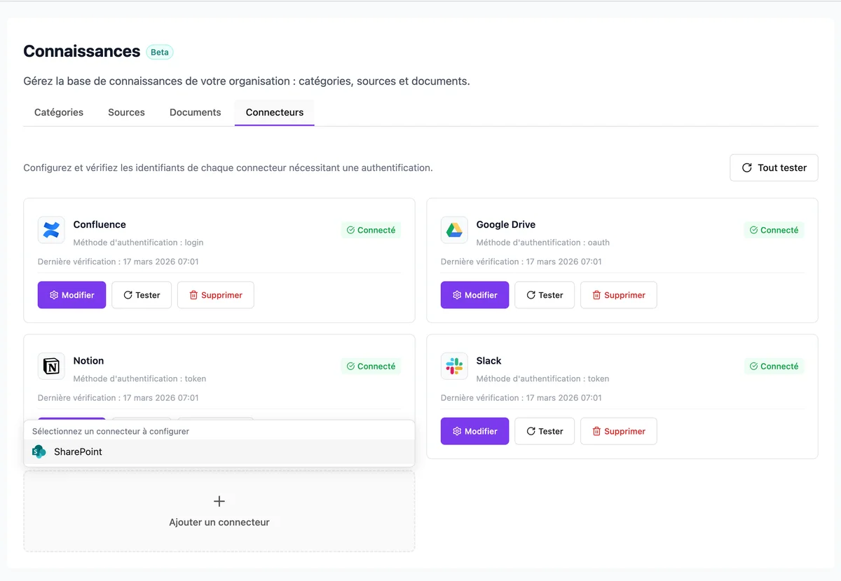 Ajouter un connecteur, sélectionner SharePoint