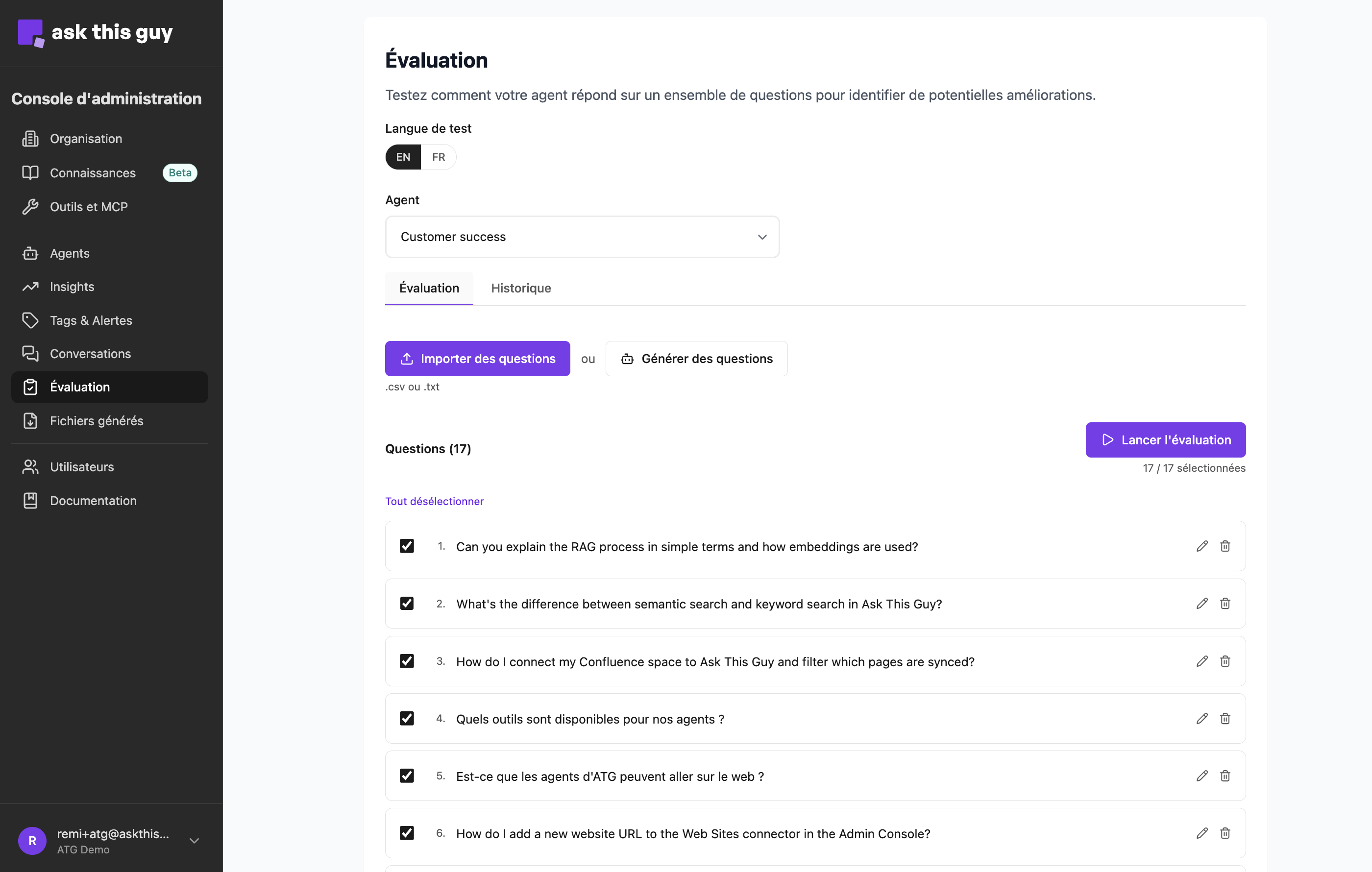 Interface d'évaluation des agents