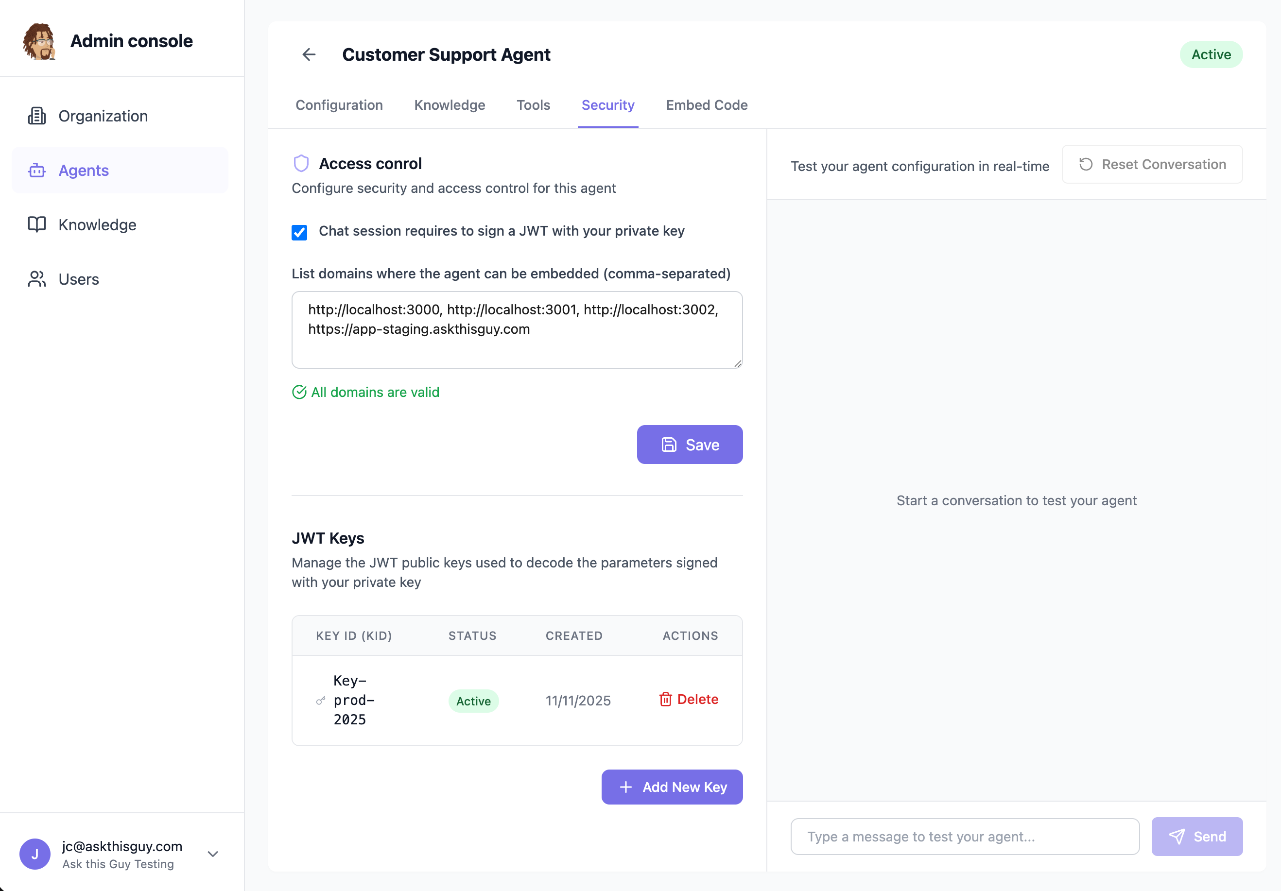 Security tab in Agents Admin Console