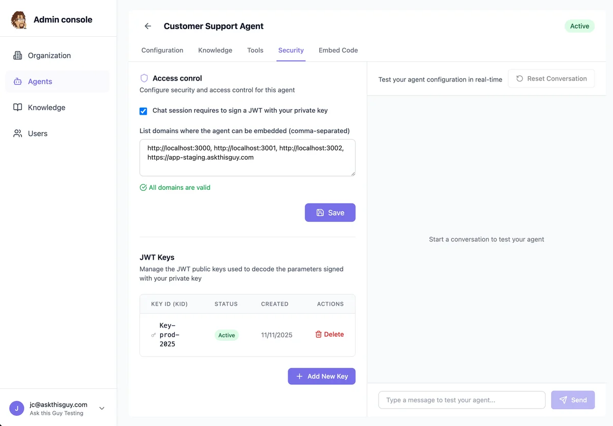 Security tab in Agents Admin Console