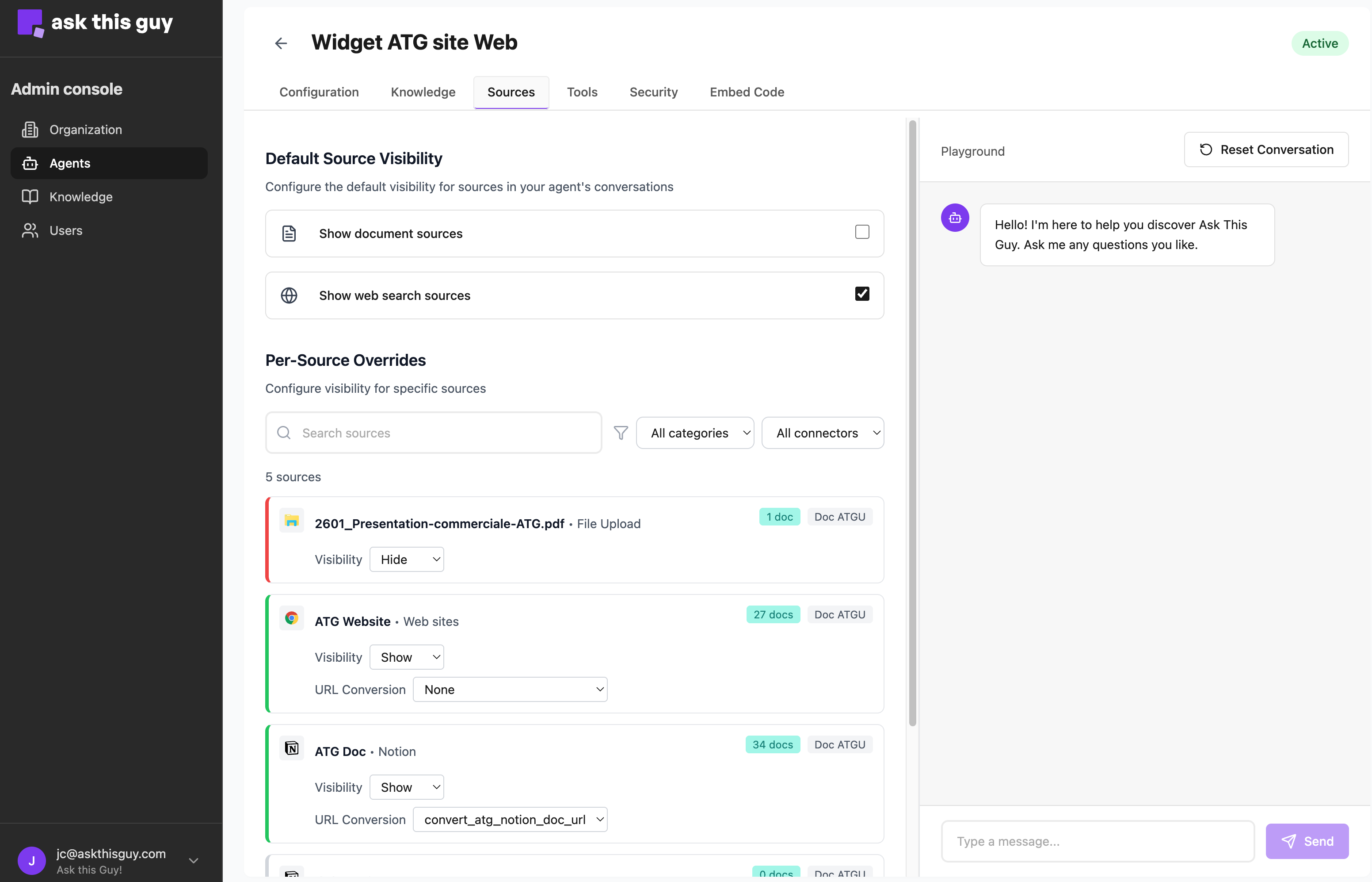 Sources tab in Agents Admin Console