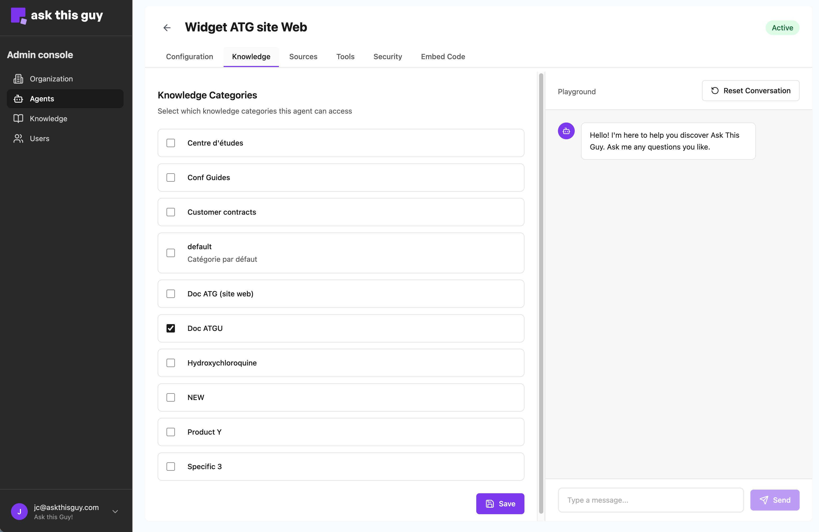 Knowledge tab in Agents Admin Console