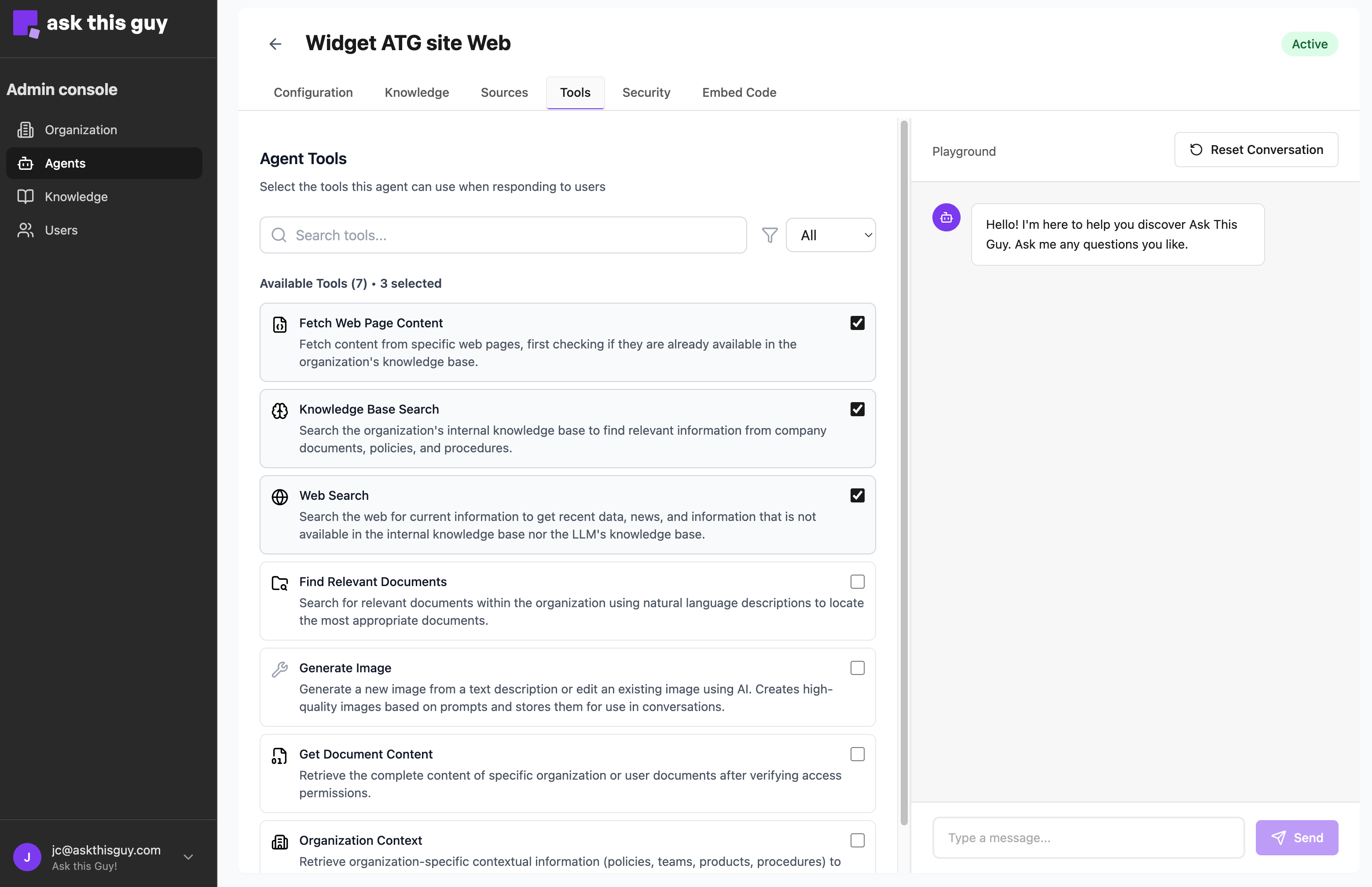 Tools tab in Agents Admin Console