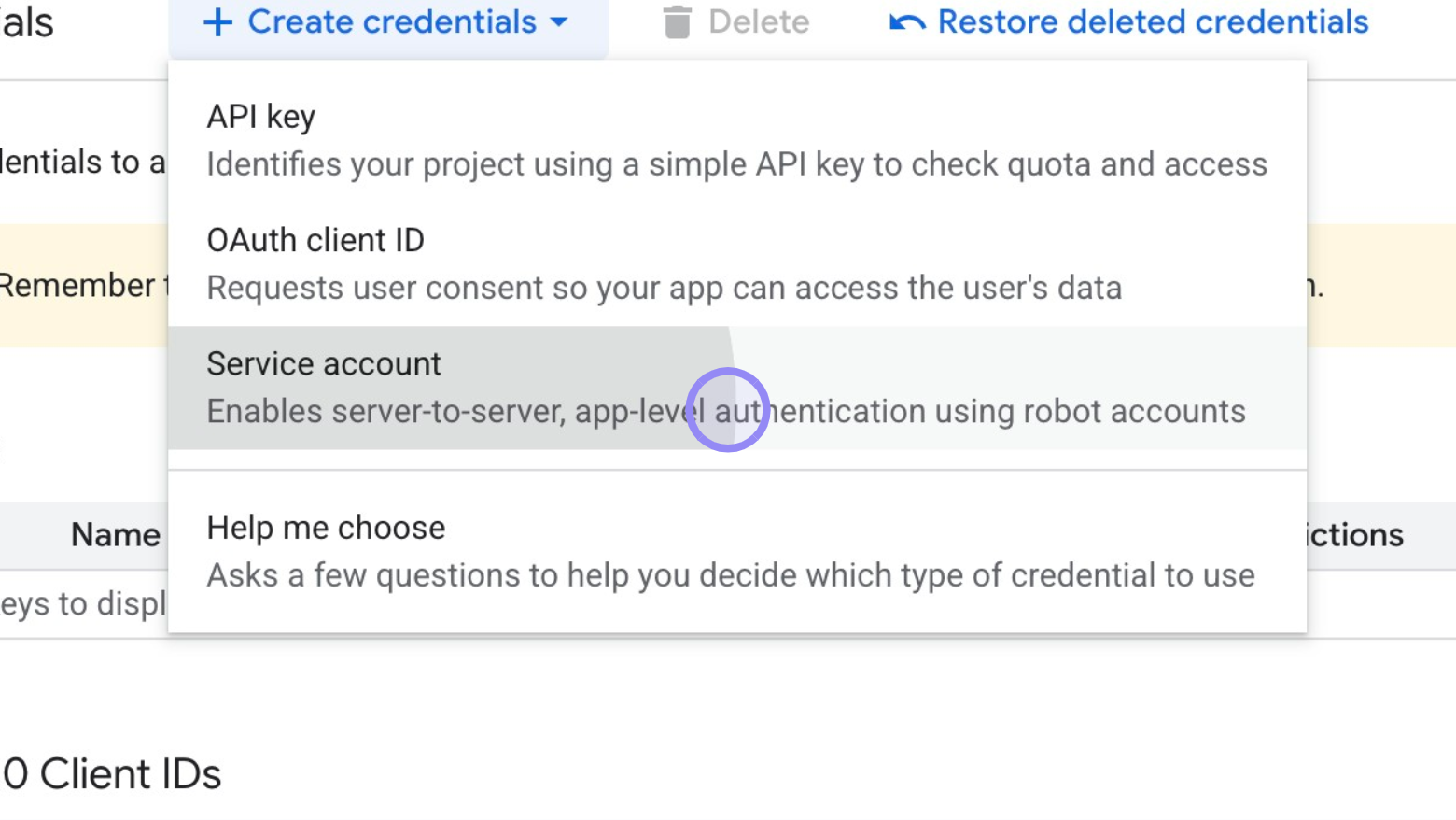 Google Cloud Console 'Service account' Selection