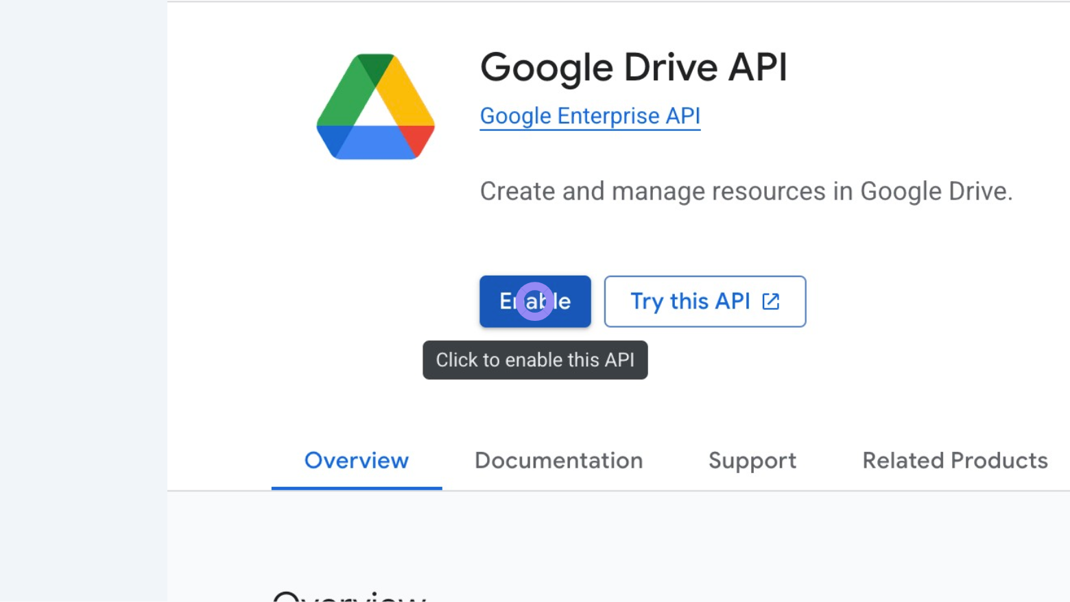Google Cloud Console 'Google Drive API' Enable Button