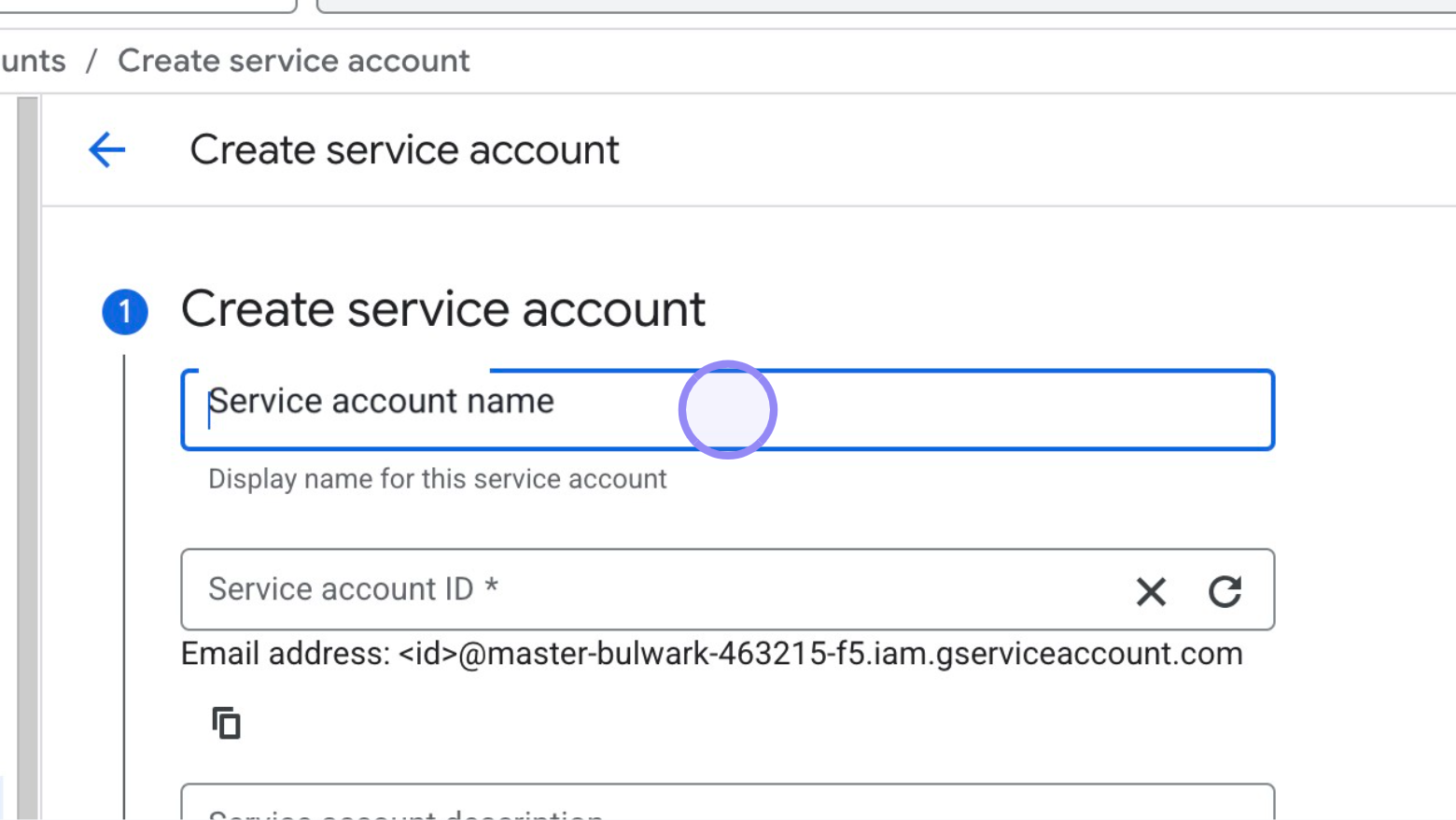 Google Cloud Console 'Create service account' Menu