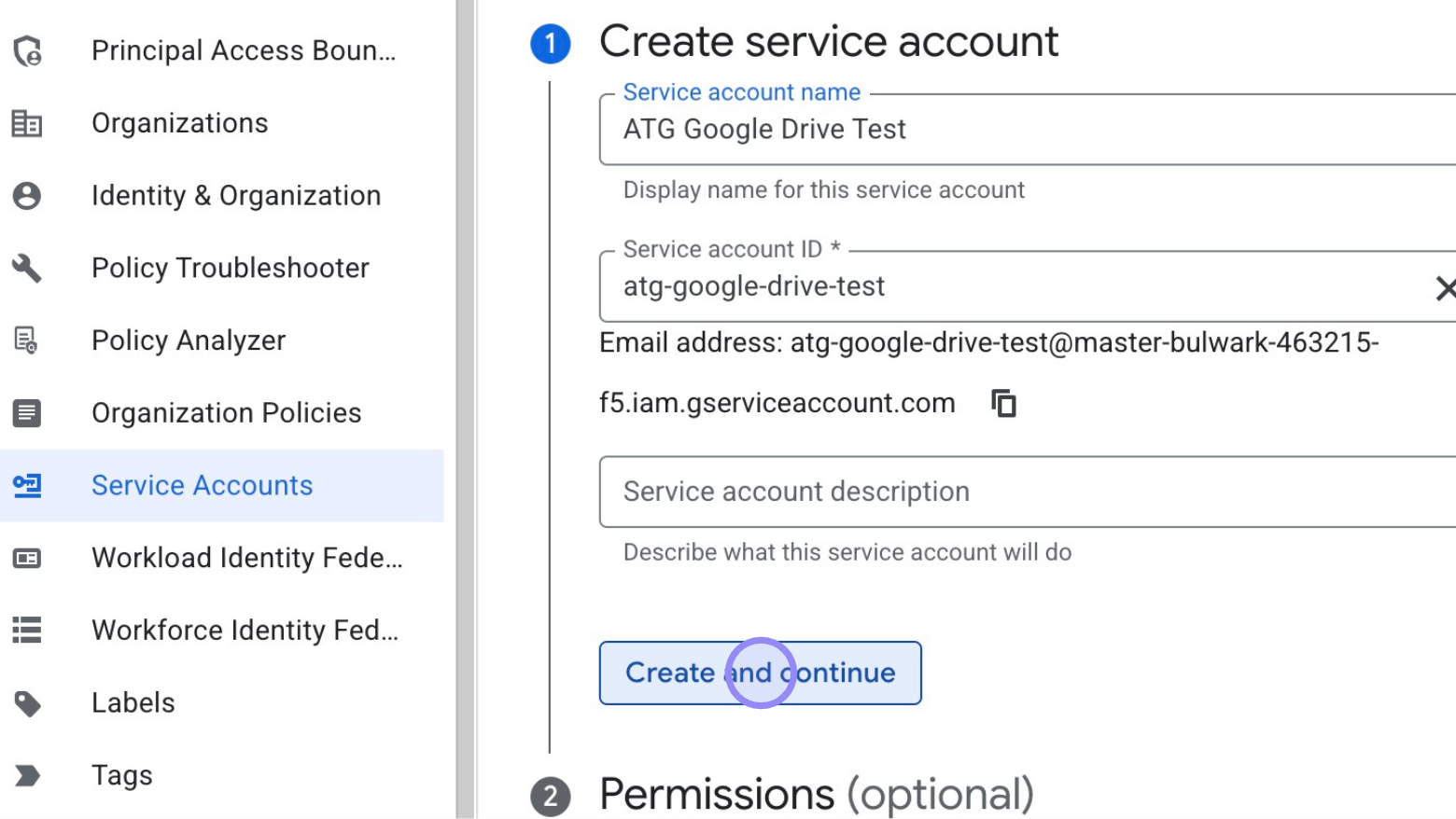 Google Cloud Console 'Create service account' Menu