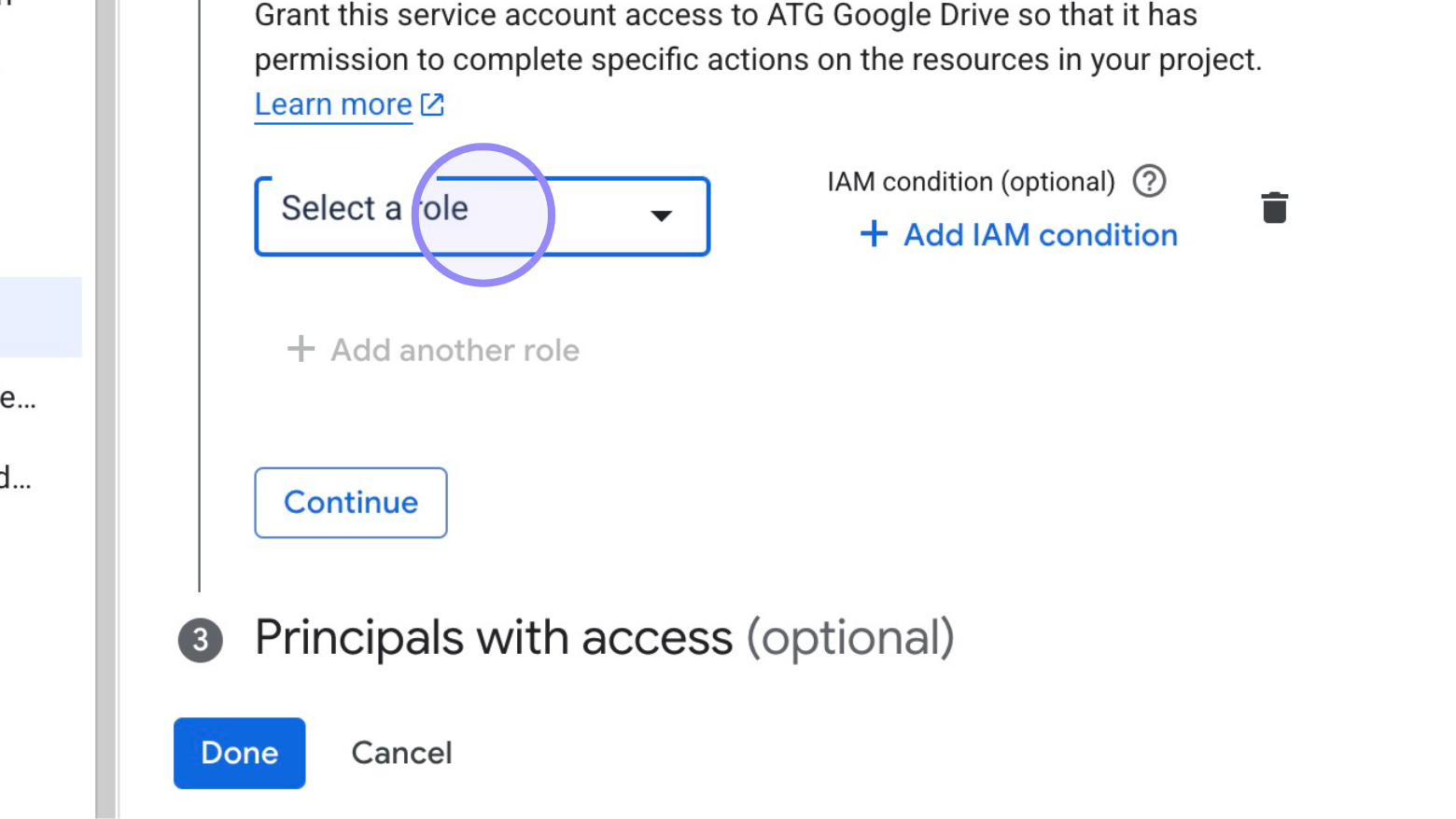 Google Cloud Console 'Select role' Menu