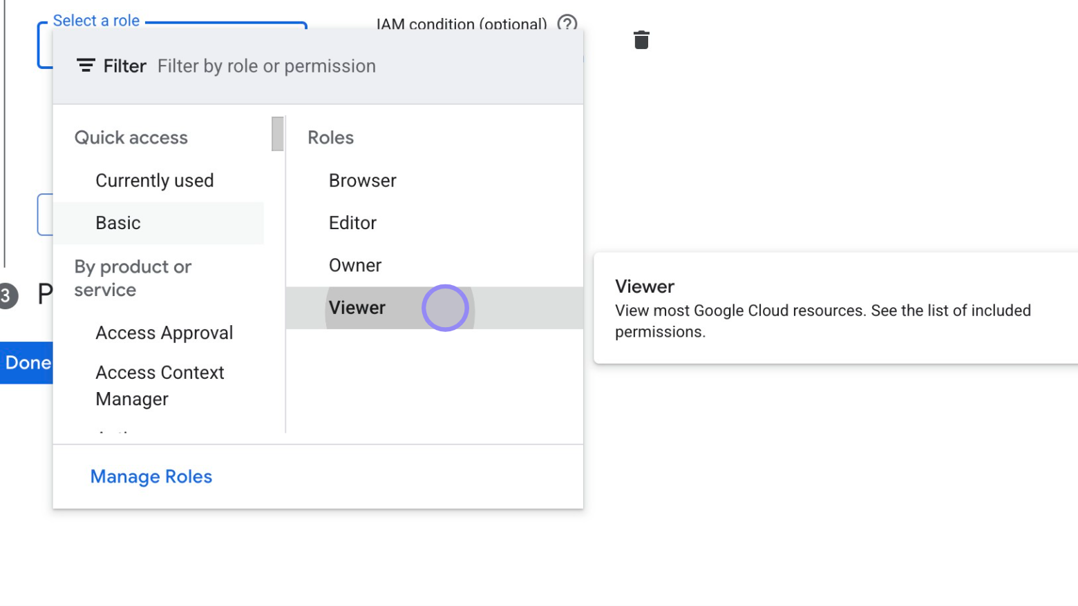 Google Cloud Console 'Select role' Menu