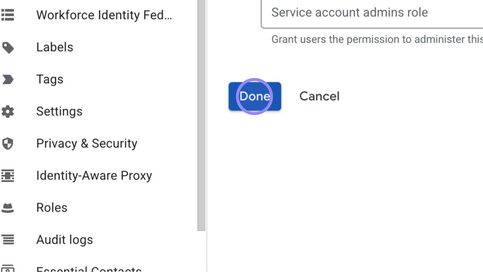 Google Cloud Console 'Finish Creating Service account' Button