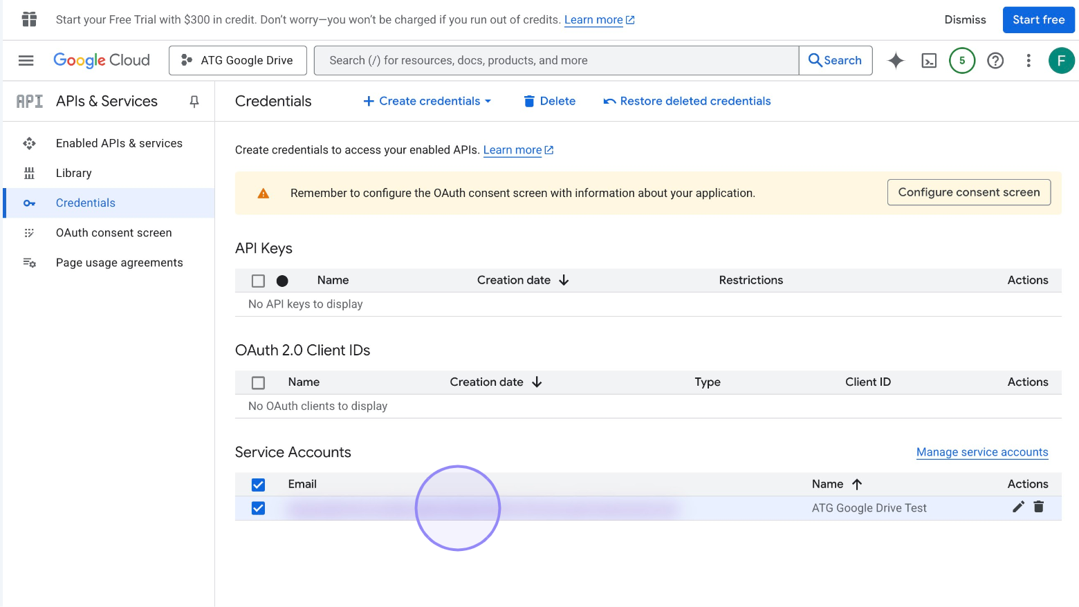 Google Cloud Console 'Select your Service account' Menu