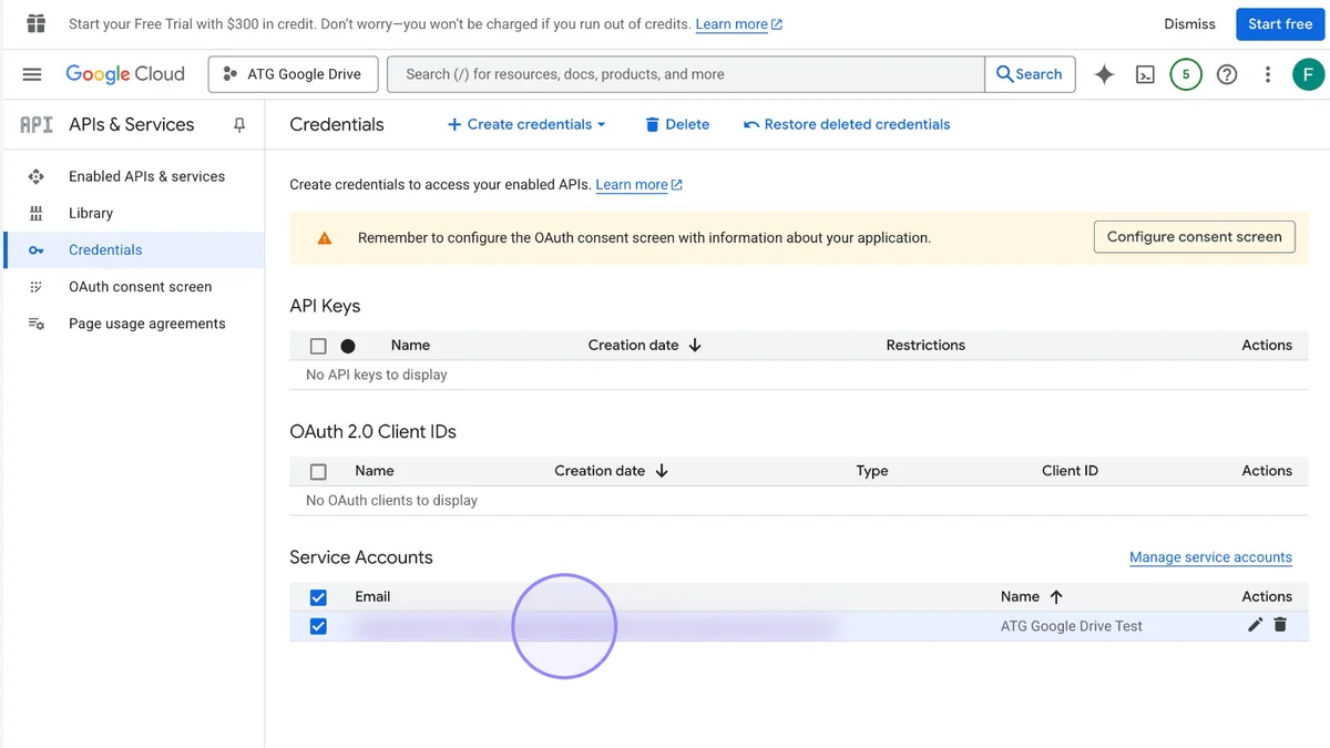Google Cloud Console 'Select your Service account' Menu