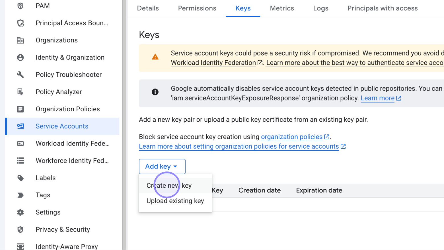 Google Cloud Console 'Create new key' Button