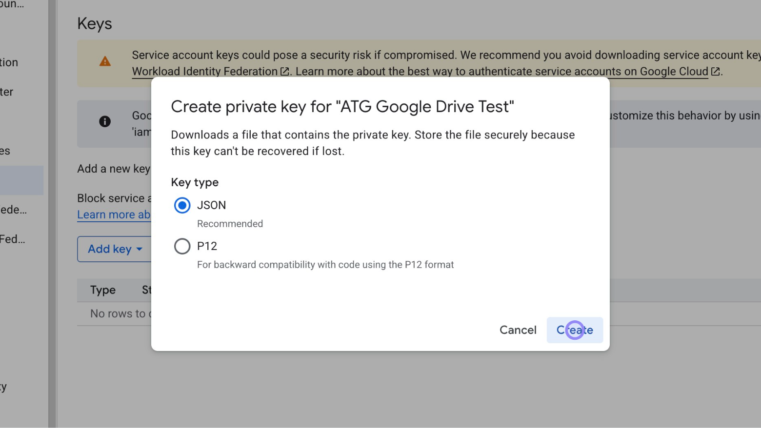 Google Cloud Console 'Choose JSON and Create' Menu