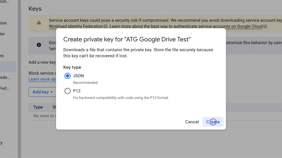 Google Cloud Console 'Choose JSON and Create' Menu
