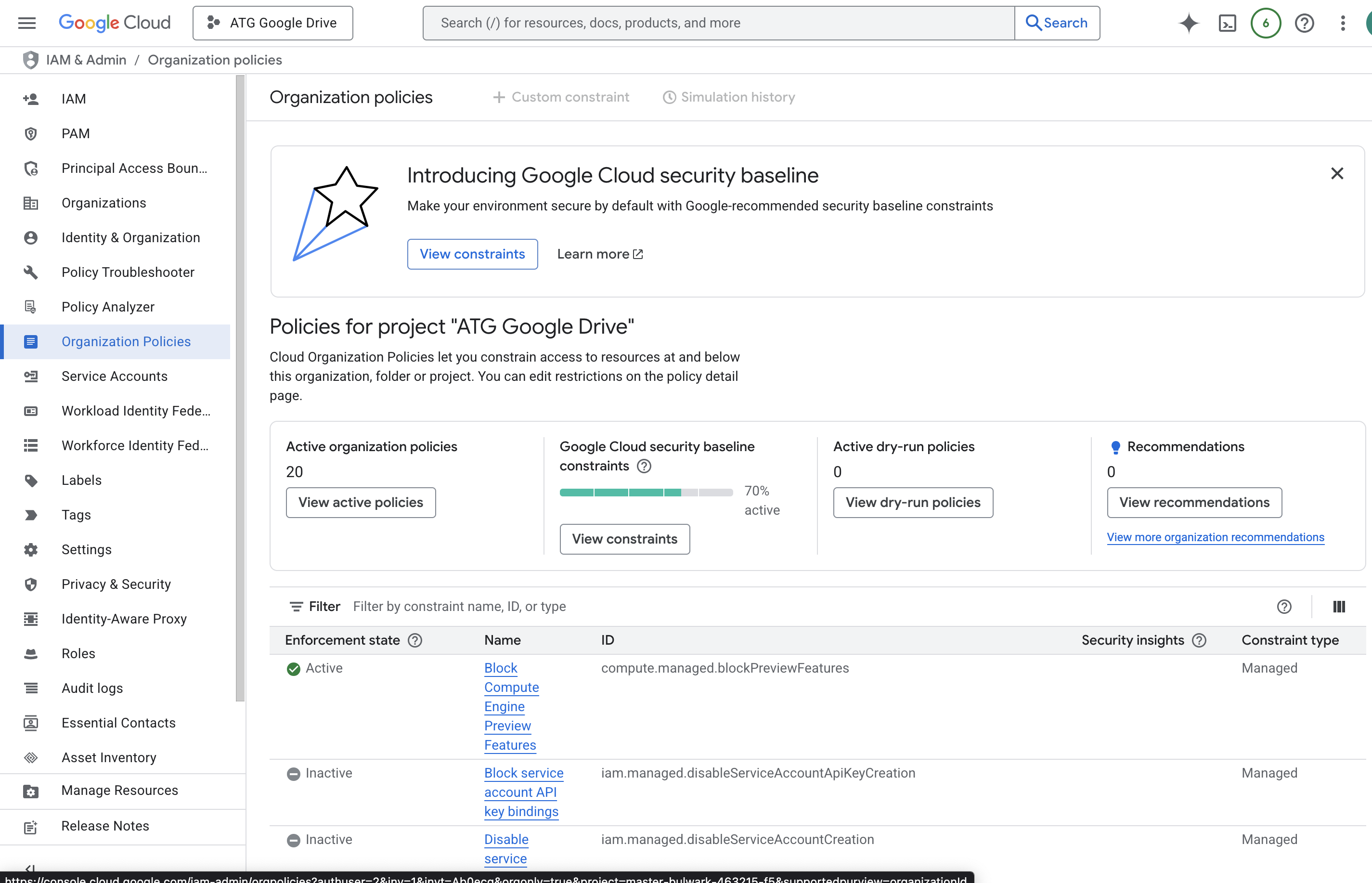 Google Cloud Console Organization policies