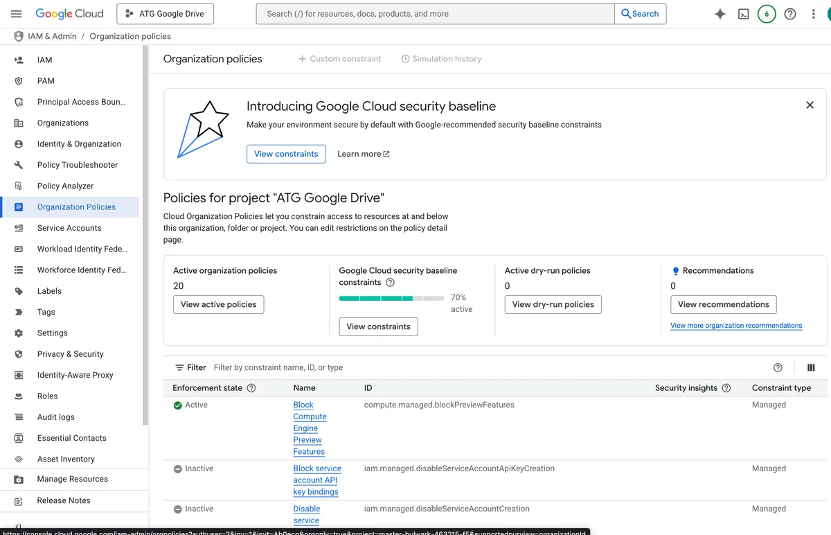 Google Cloud Console Organization policies