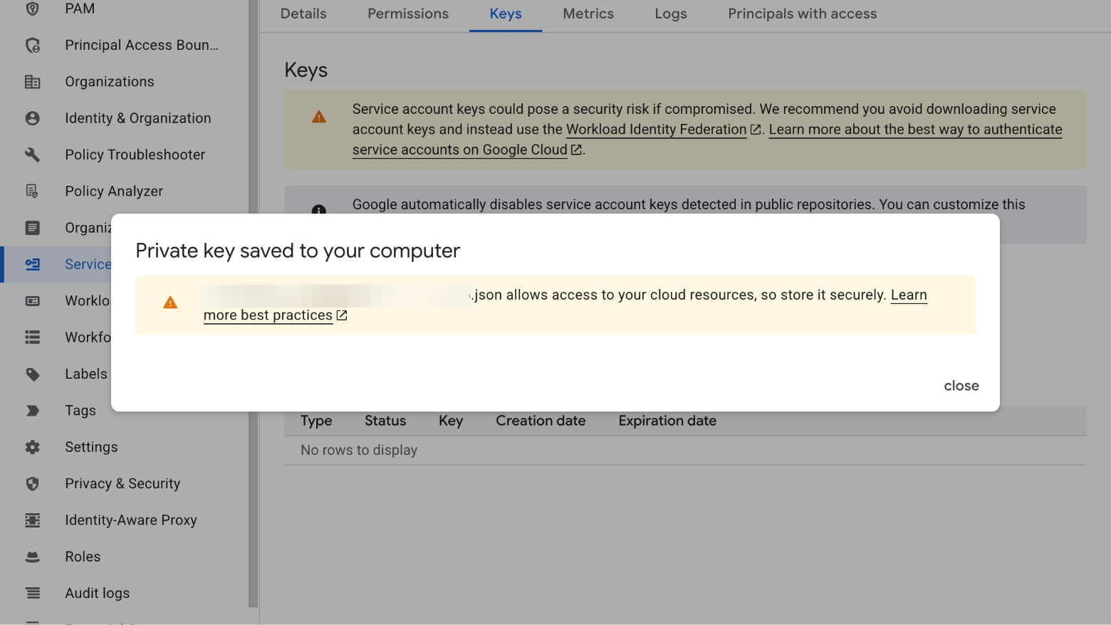 Google Cloud Console 'Save the JSON key' Button