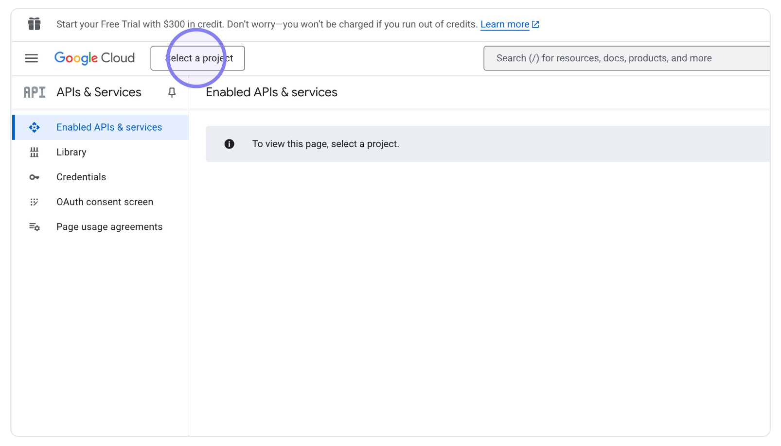 Google Cloud Console Select a project button
