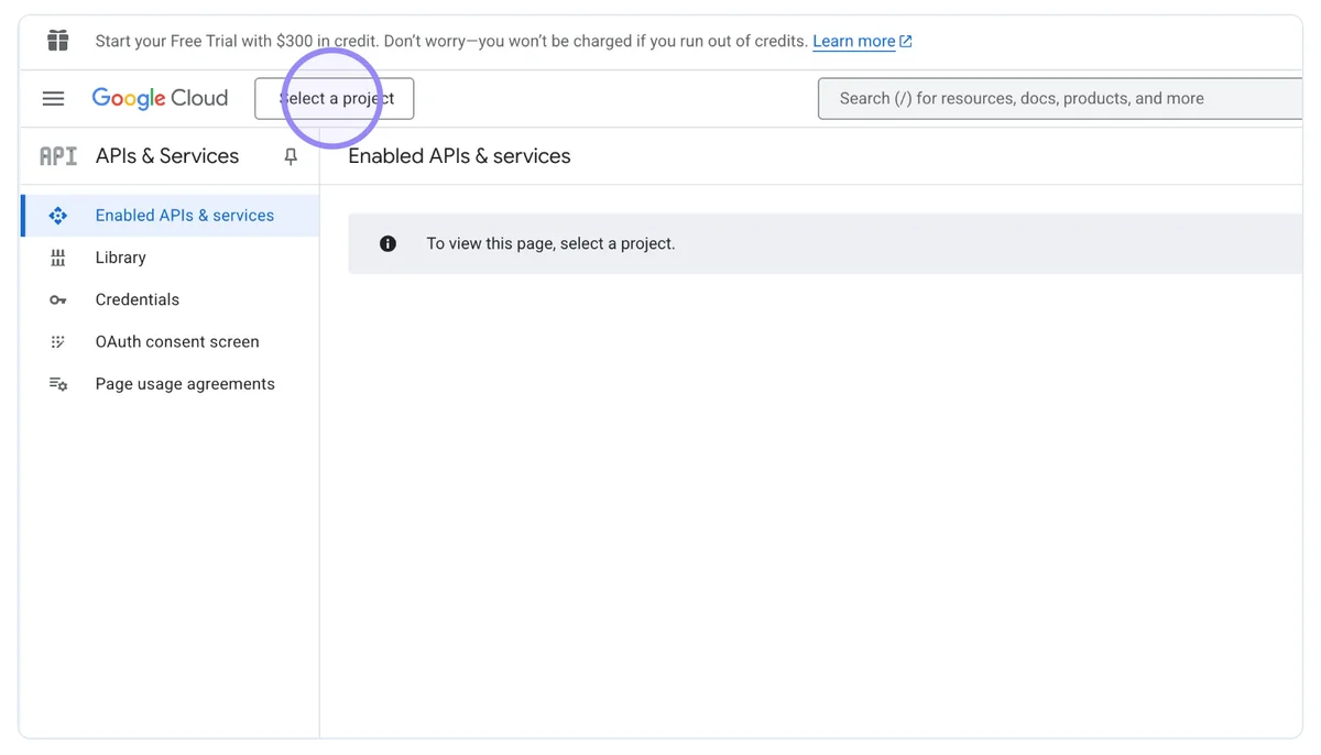 Google Cloud Console Select a project button